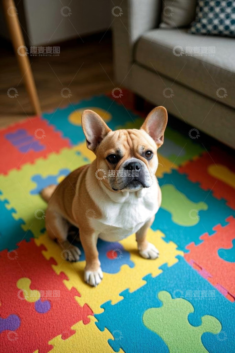 高清大图下载【趣麦麦图】室内彩色地垫上坐着的法斗犬