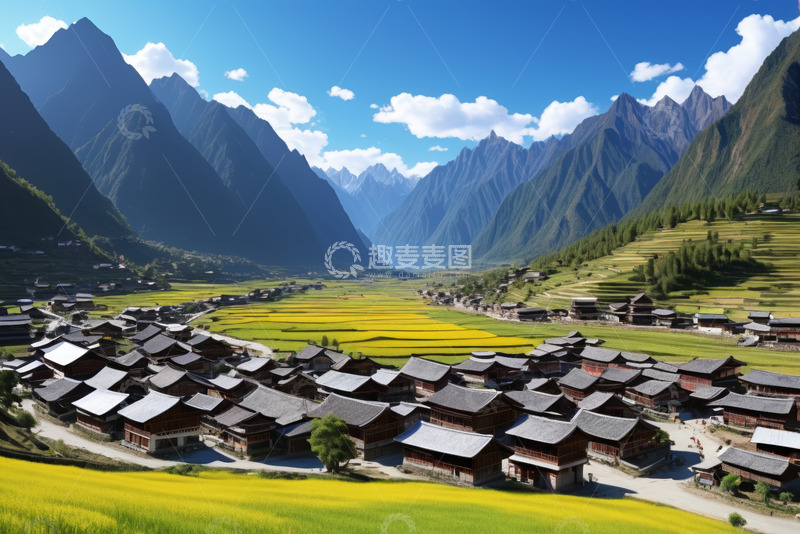 高清大图下载【趣麦麦图】山谷间的村庄与田野风光