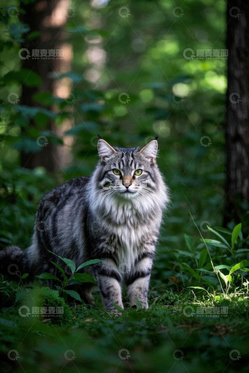 高清大图下载【趣麦麦图】森林中站立的长毛猫