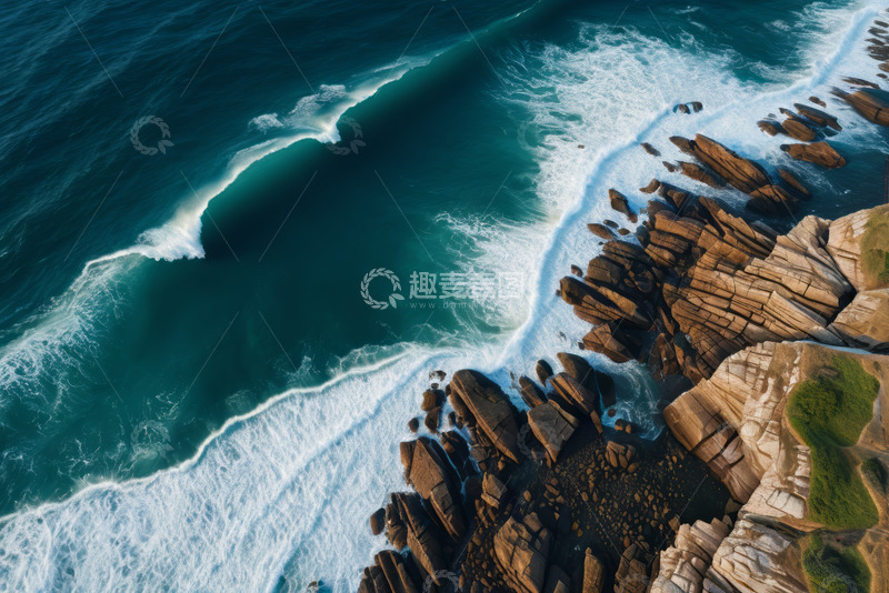 高清大图下载【趣麦麦图】海岸边海浪拍打岩石俯瞰景象