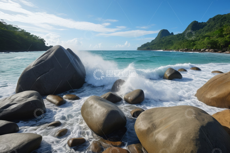 高清大图下载【趣麦麦图】海浪拍打岸边巨石的海滨景象