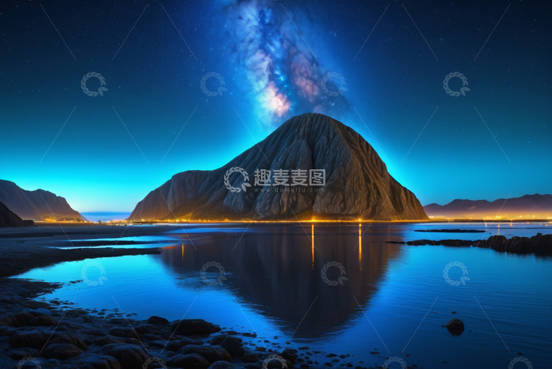 高清大图下载【趣麦麦图】夜晚星空下的山景与水面倒影
