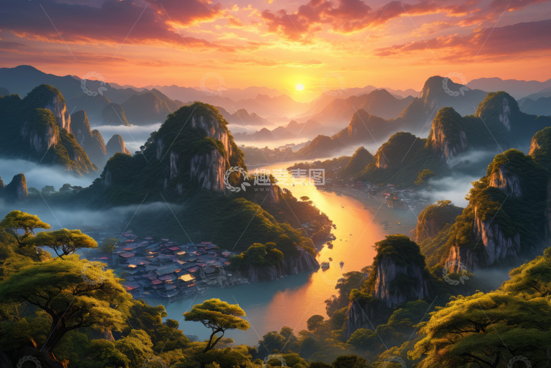 高清大图下载【趣麦麦图】广西漓江山水日落全景