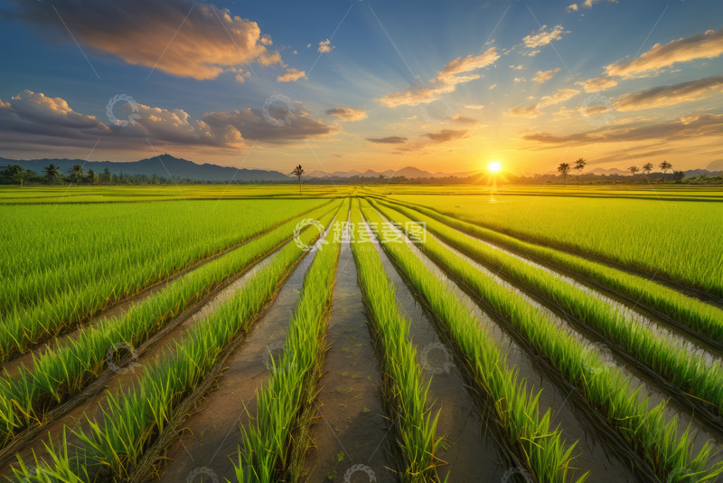 高清大图下载【趣麦麦图】夕阳下的绿色稻田风光