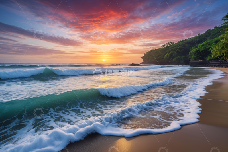 高清大图下载【趣麦麦图】海滩日落海浪风景