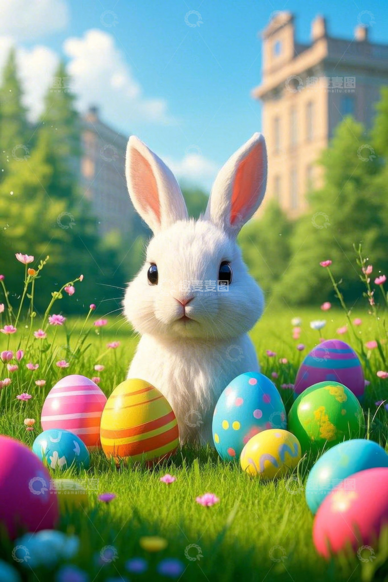 高清大图下载【趣麦麦图】草地上的复活节兔子与彩蛋