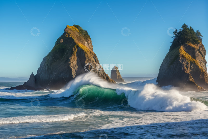 高清大图下载【趣麦麦图】海浪拍打海岸岩石景象