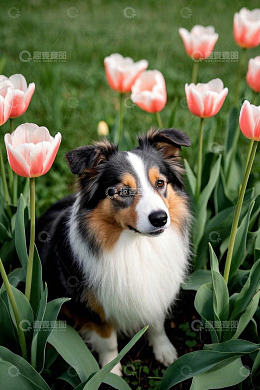 花丛中的三色牧羊犬