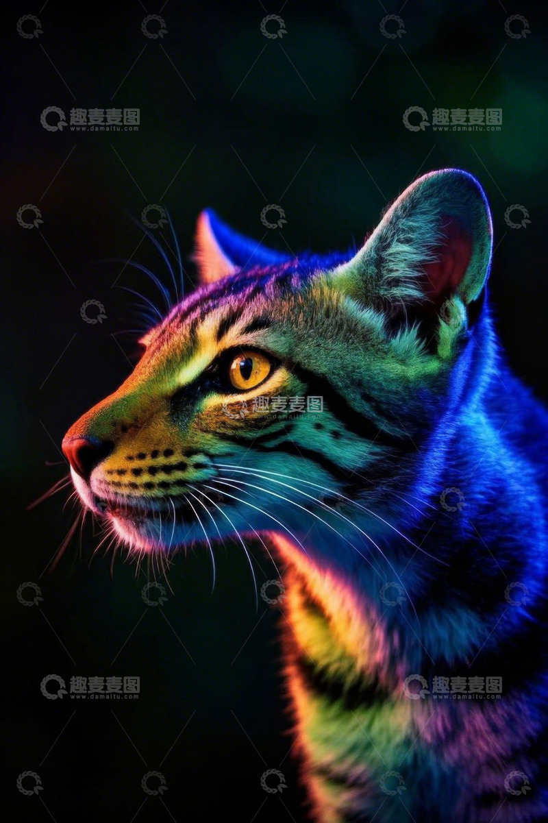 高清大图下载【趣麦麦图】彩色光影下的猫特写