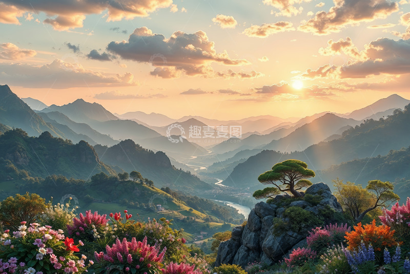 高清大图下载【趣麦麦图】山间日落自然风光全景