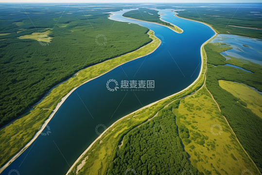 航拍蜿蜒河流与广袤森林