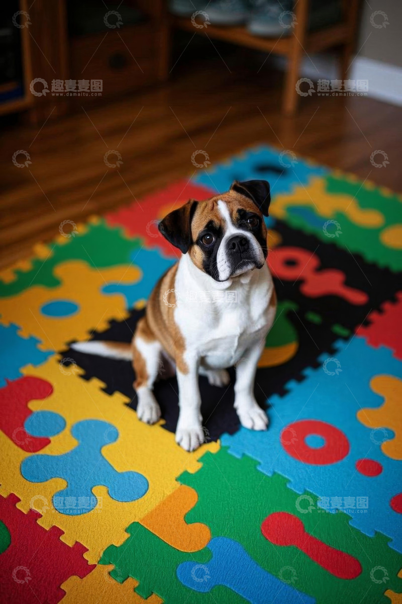 高清大图下载【趣麦麦图】小狗坐在彩色拼接垫上