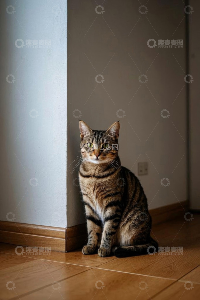 高清大图下载【趣麦麦图】室内坐着的条纹猫咪