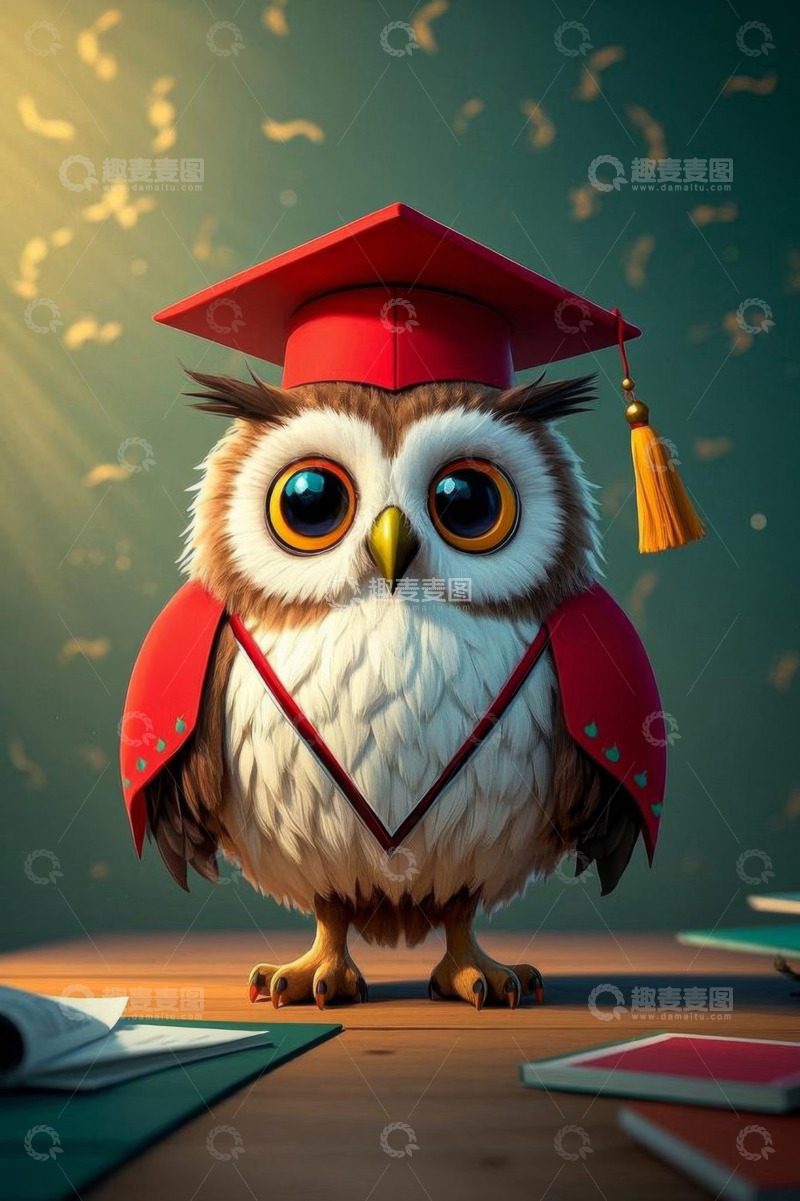 高清大图下载【趣麦麦图】戴学士服的卡通猫头鹰
