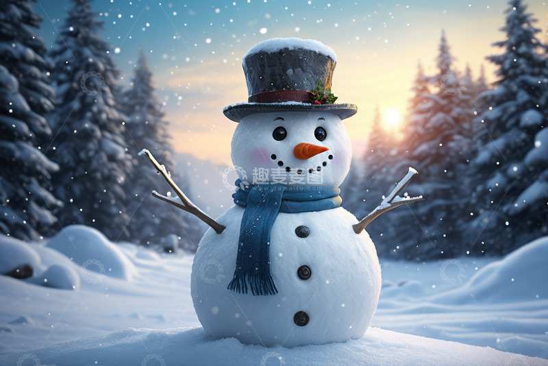 高清大图下载【趣麦麦图】雪地里戴着帽子围巾的雪人