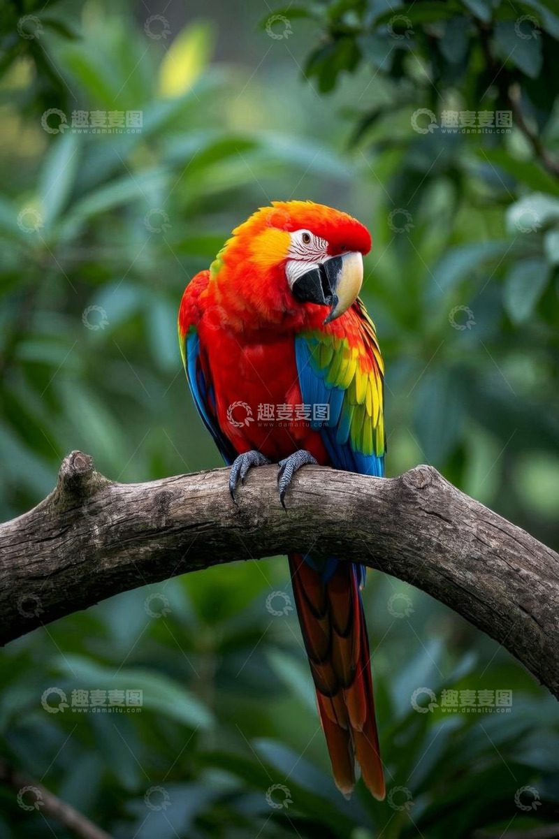 高清大图下载【趣麦麦图】枝头栖息的彩色金刚鹦鹉