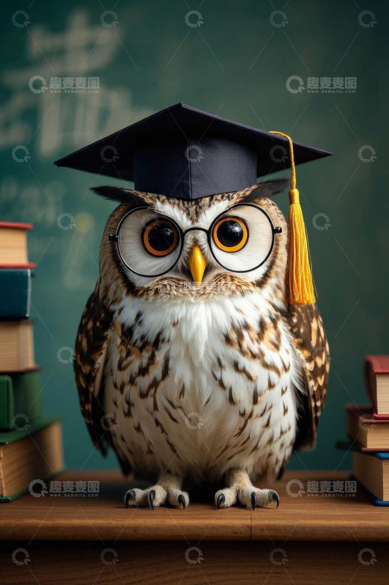 高清大图下载【趣麦麦图】戴学士帽的猫头鹰站在书旁