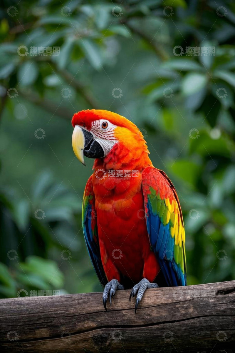 高清大图下载【趣麦麦图】色彩斑斓金刚鹦鹉栖息树枝