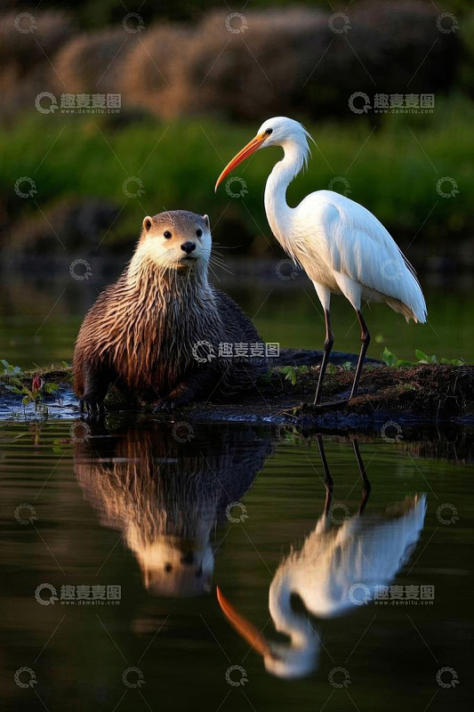 水獭与白鹭在水边的自然场景