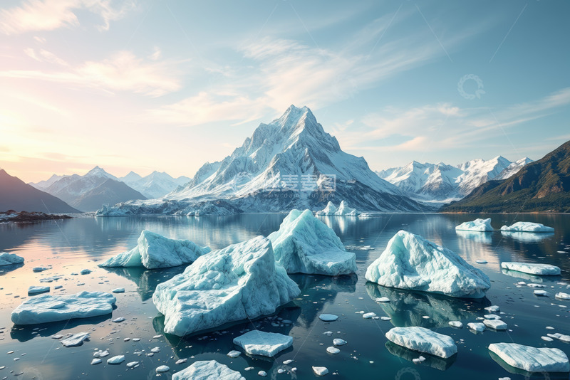 高清大图下载【趣麦麦图】雪山下漂浮着冰块的水域