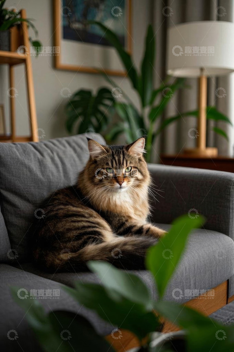 高清大图下载【趣麦麦图】沙发上的长毛猫居家场景