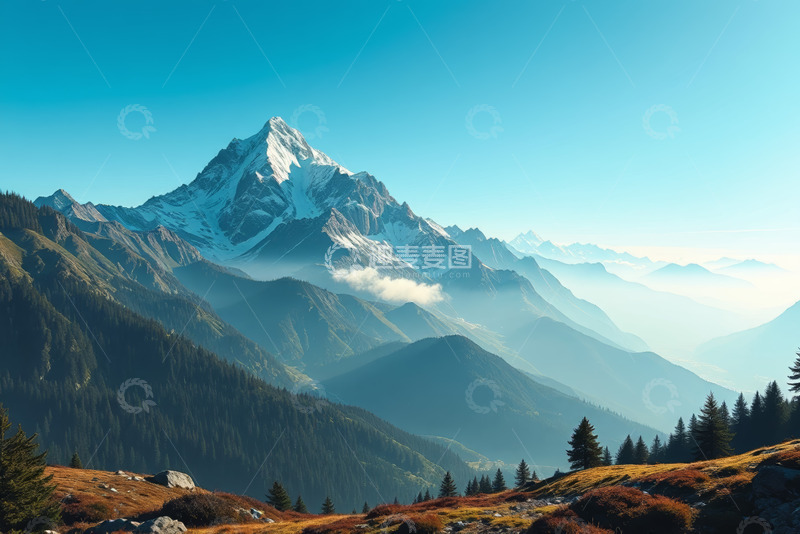 高清大图下载【趣麦麦图】壮丽雪山与山林自然景观