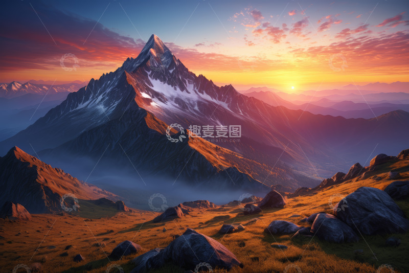 高清大图下载【趣麦麦图】日出时分的壮丽雪山风光