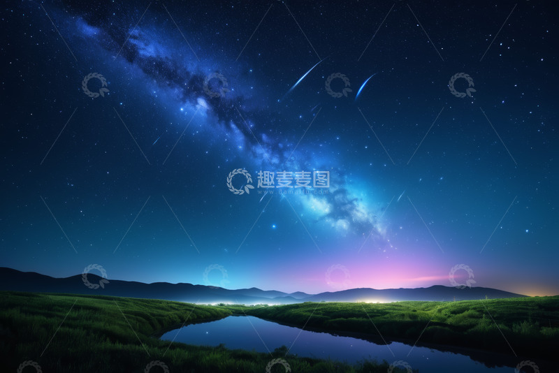 高清大图下载【趣麦麦图】星空下的原野与河流夜景