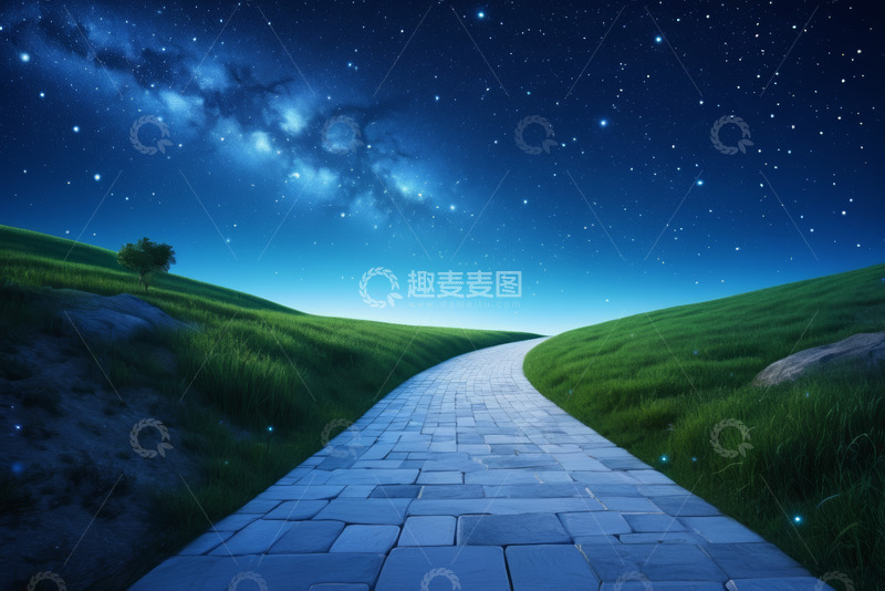 高清大图下载【趣麦麦图】星空下的草地石板路风景