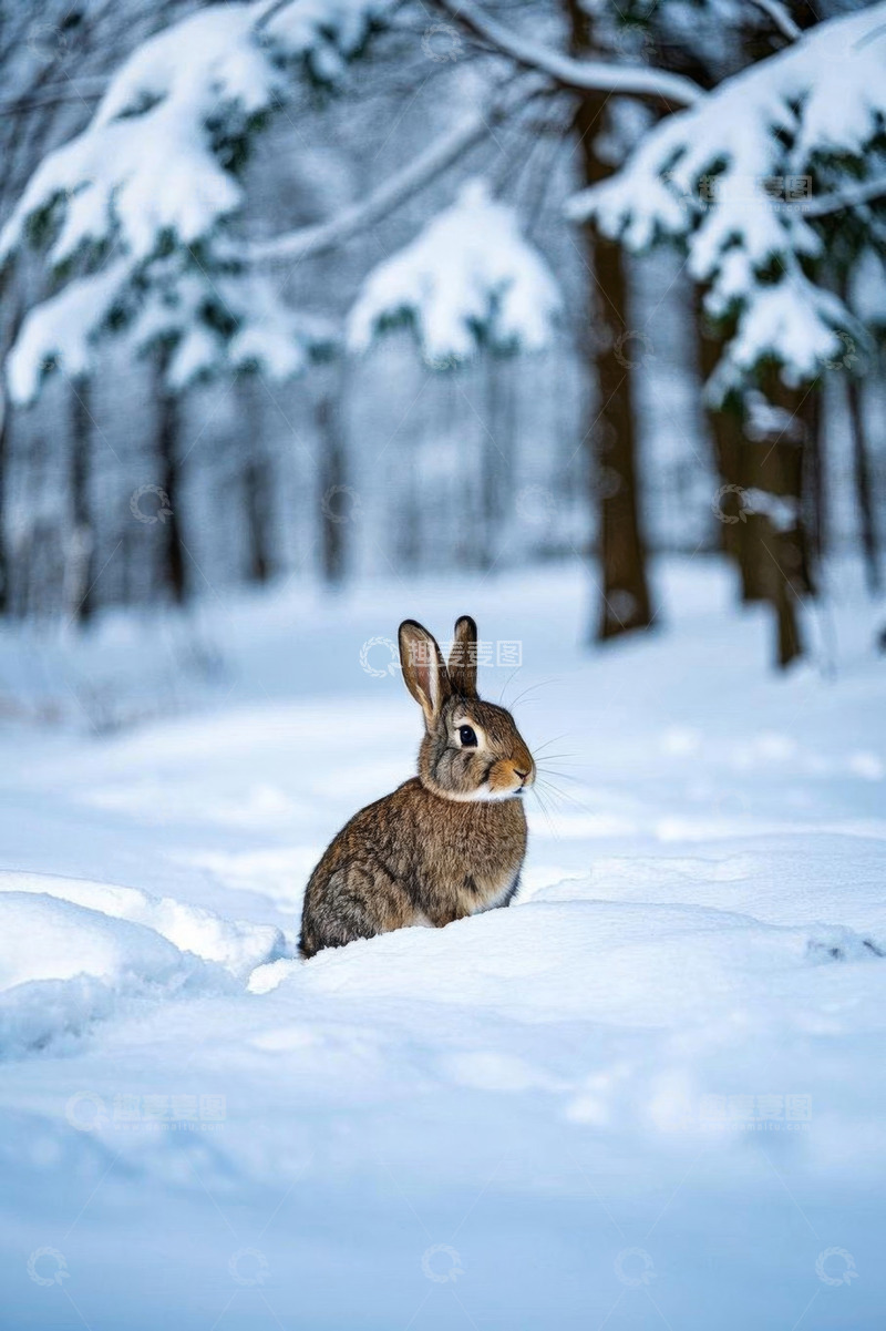高清大图下载【趣麦麦图】雪地中站立的兔子