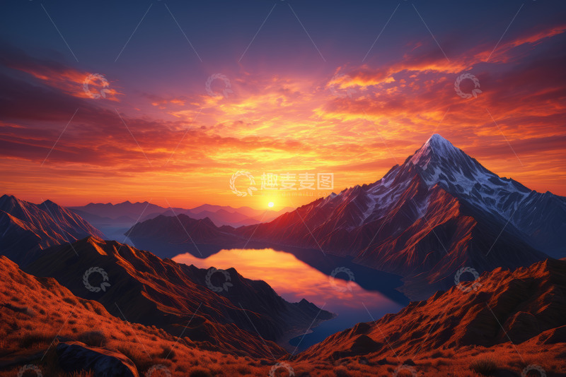 高清大图下载【趣麦麦图】夕阳下雪山湖泊的壮丽景观