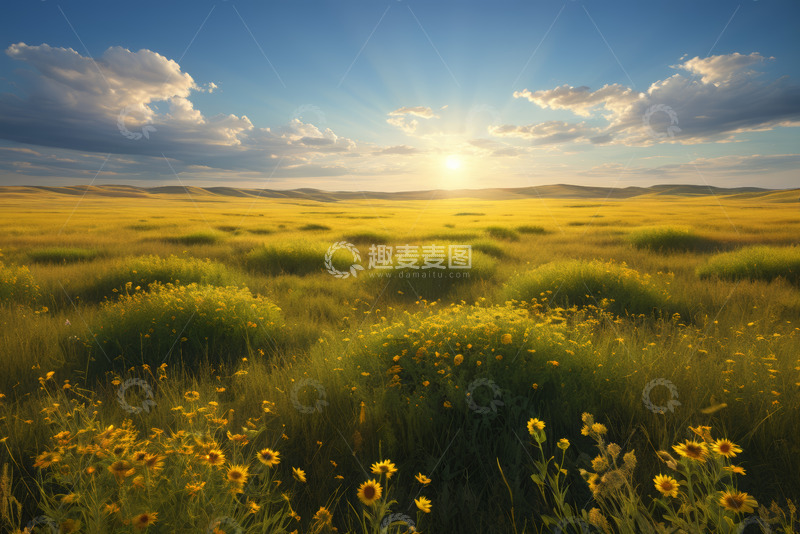 高清大图下载【趣麦麦图】草原黄昏时分的野花风景