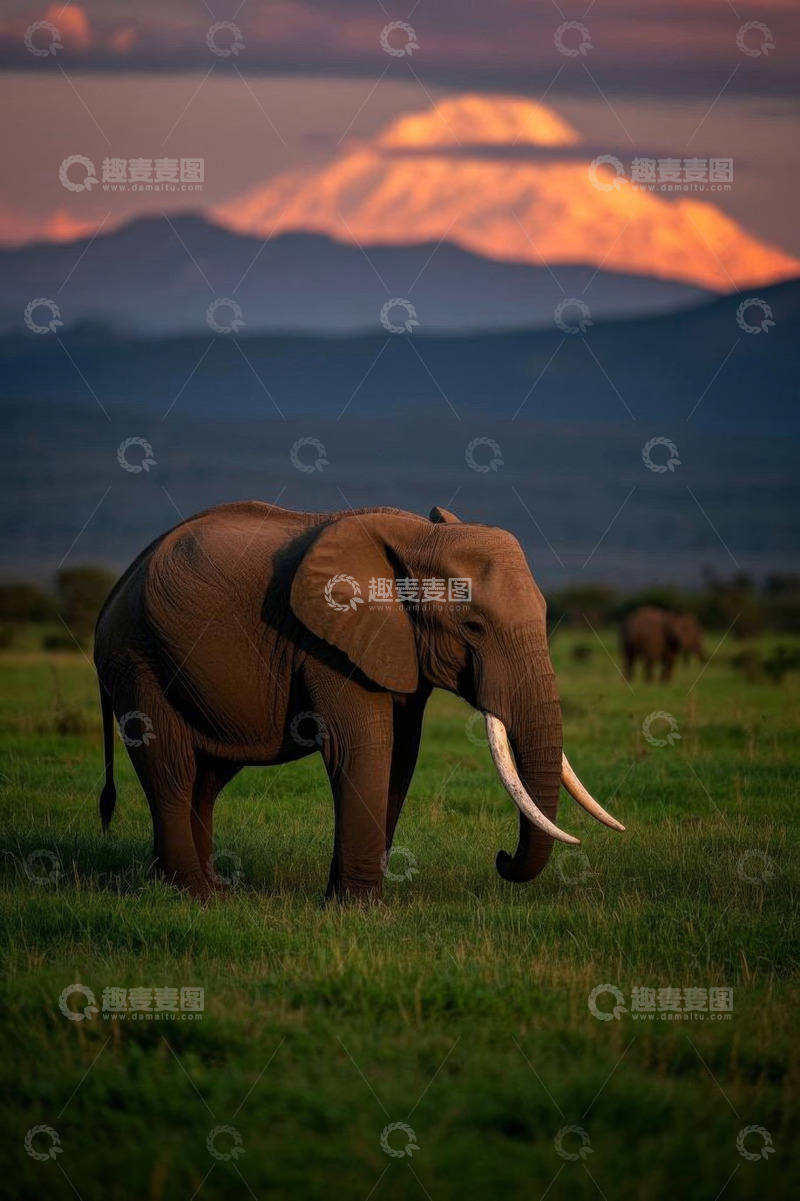 高清大图下载【趣麦麦图】非洲草原大象与远山景观
