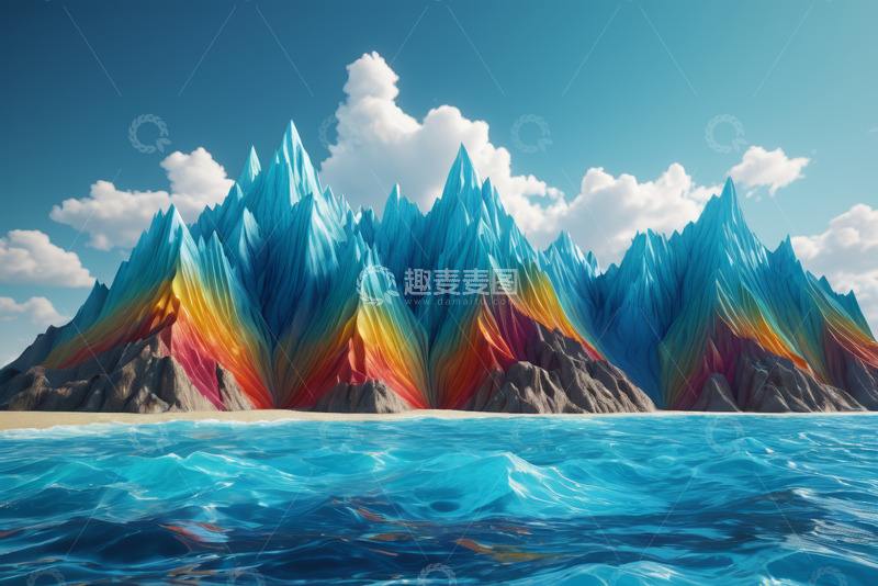 高清大图下载【趣麦麦图】彩色山峰与蓝色海洋风景