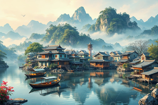 山水间中式古建筑村落景观