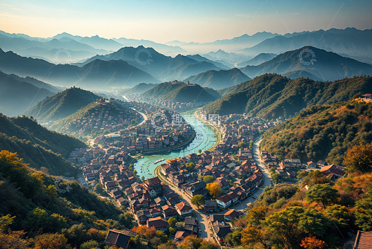 山谷中河流环绕的村庄全景