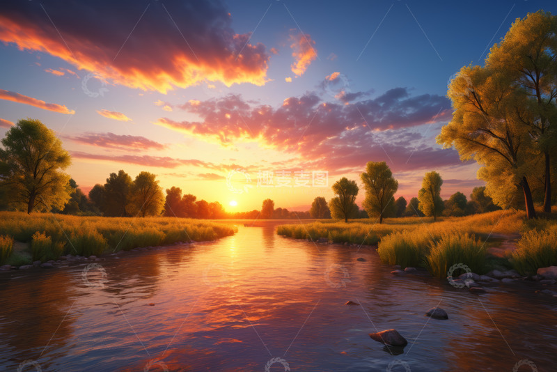 高清大图下载【趣麦麦图】河畔黄昏自然风光