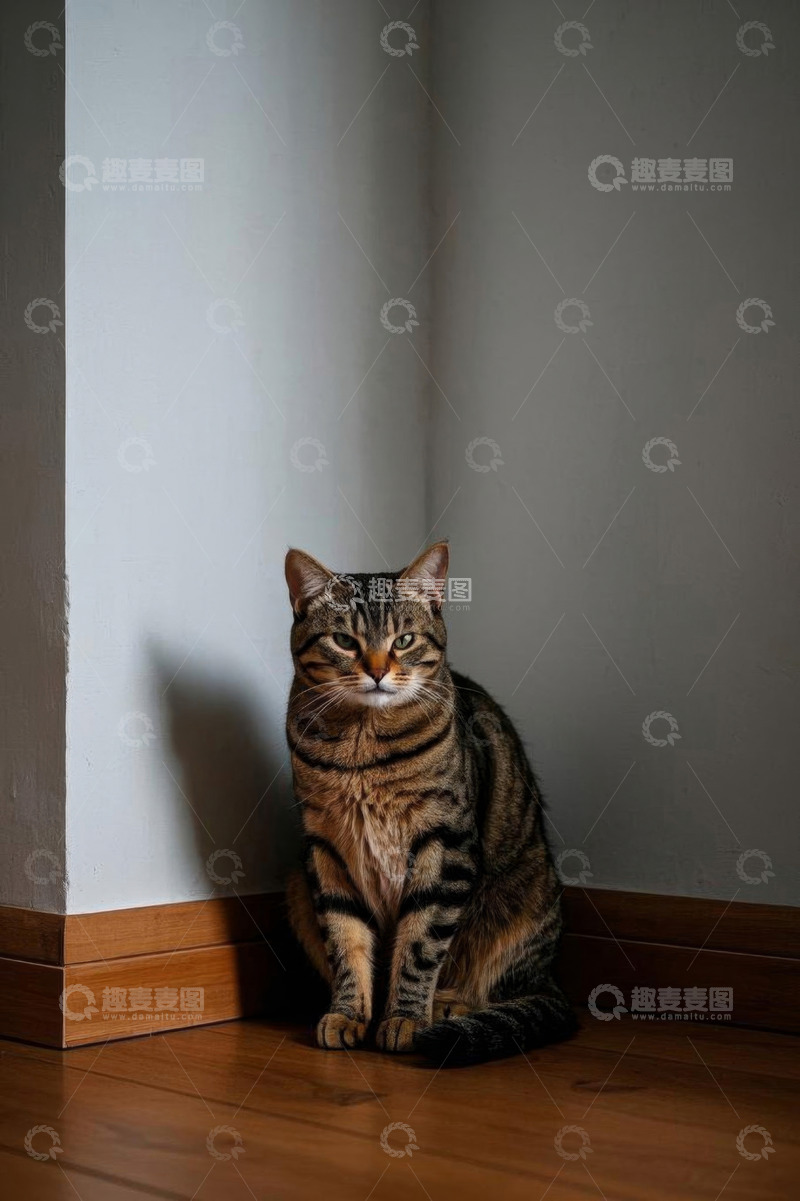 高清大图下载【趣麦麦图】室内角落坐着的斑纹猫