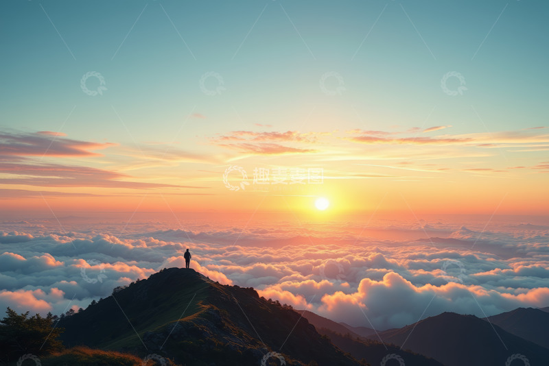 高清大图下载【趣麦麦图】山顶人物赏日出云海景象