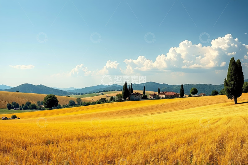 高清大图下载【趣麦麦图】金色麦田与乡村房屋风景
