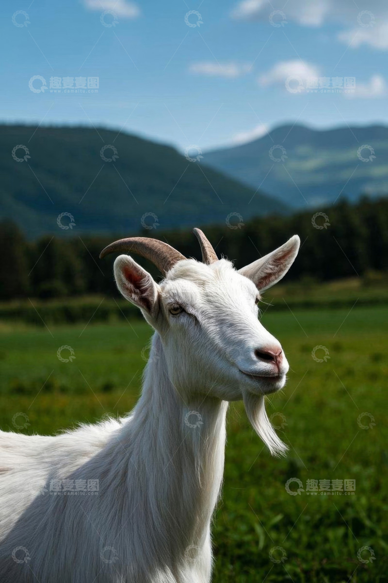 高清大图下载【趣麦麦图】田野中的白色山羊特写