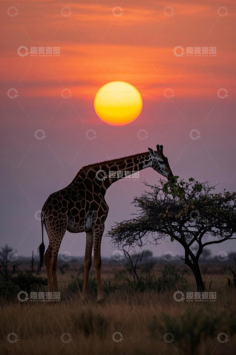 高清大图下载【趣麦麦图】夕阳下长颈鹿在草原进食
