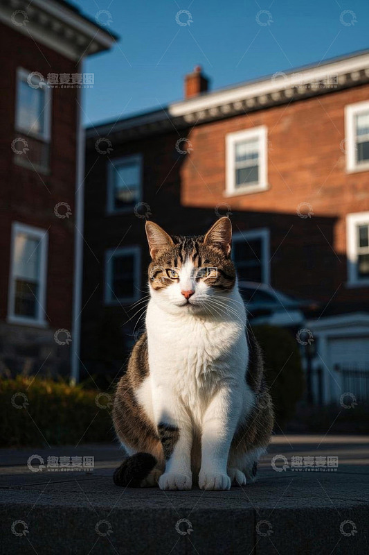 户外红砖房前坐着的猫咪