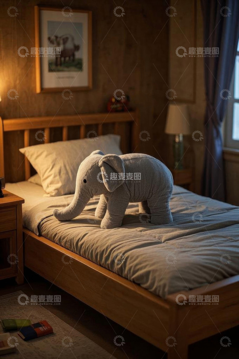 高清大图下载【趣麦麦图】卧室床上的大象毛绒玩具