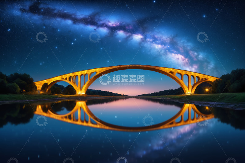 高清大图下载【趣麦麦图】夜晚星空下的拱形桥倒影