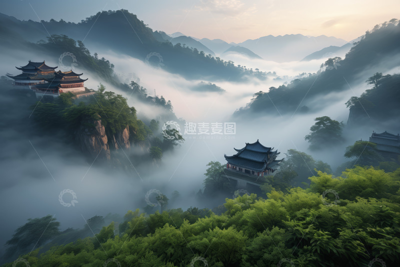 高清大图下载【趣麦麦图】山间云雾中的中式古建筑风景