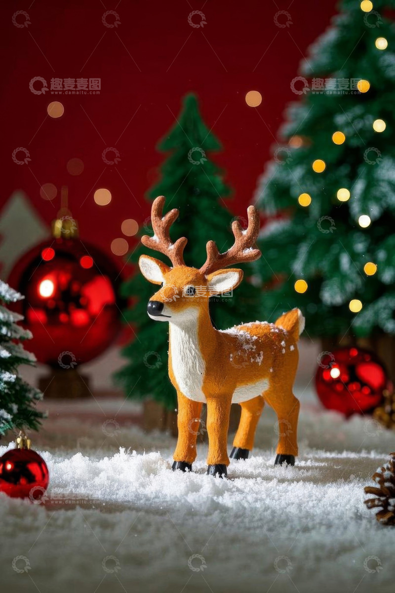 高清大图下载【趣麦麦图】圣诞装饰小鹿与圣诞树场景