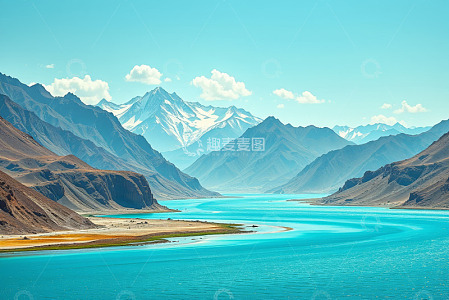 山脉环绕的蓝色湖泊风光