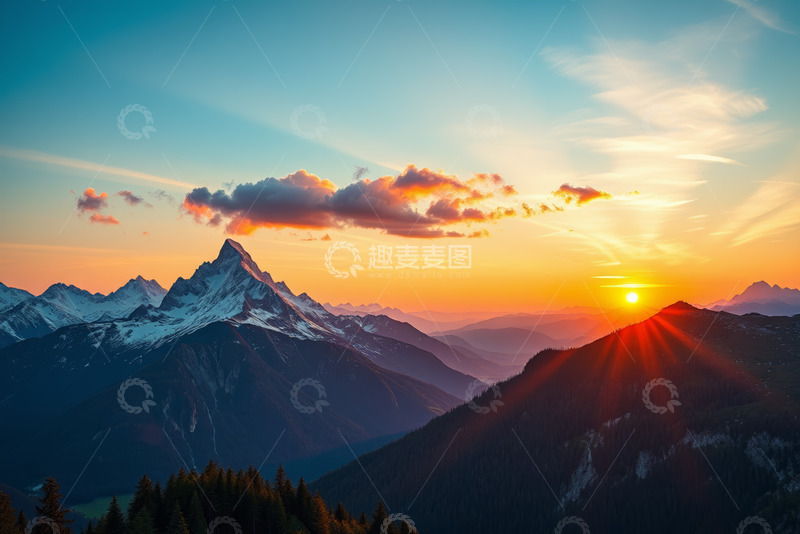 高清大图下载【趣麦麦图】日落时分雪山与云彩景观