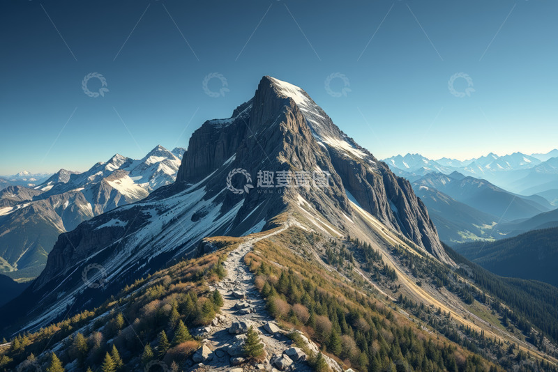 高清大图下载【趣麦麦图】壮丽雪山与山间小径风景